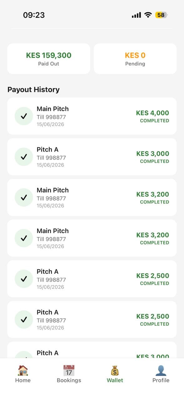 Payout history — KES 159,300 paid out to Till 998877