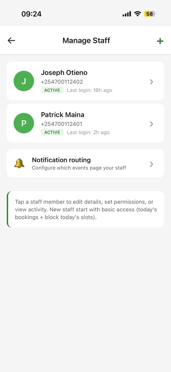 Staff management with two team members and last-login times
