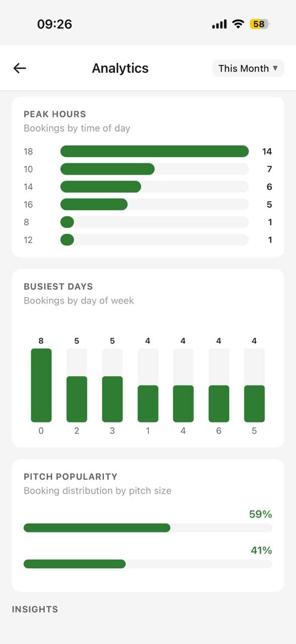 Analytics with peak hours, busiest days, pitch popularity